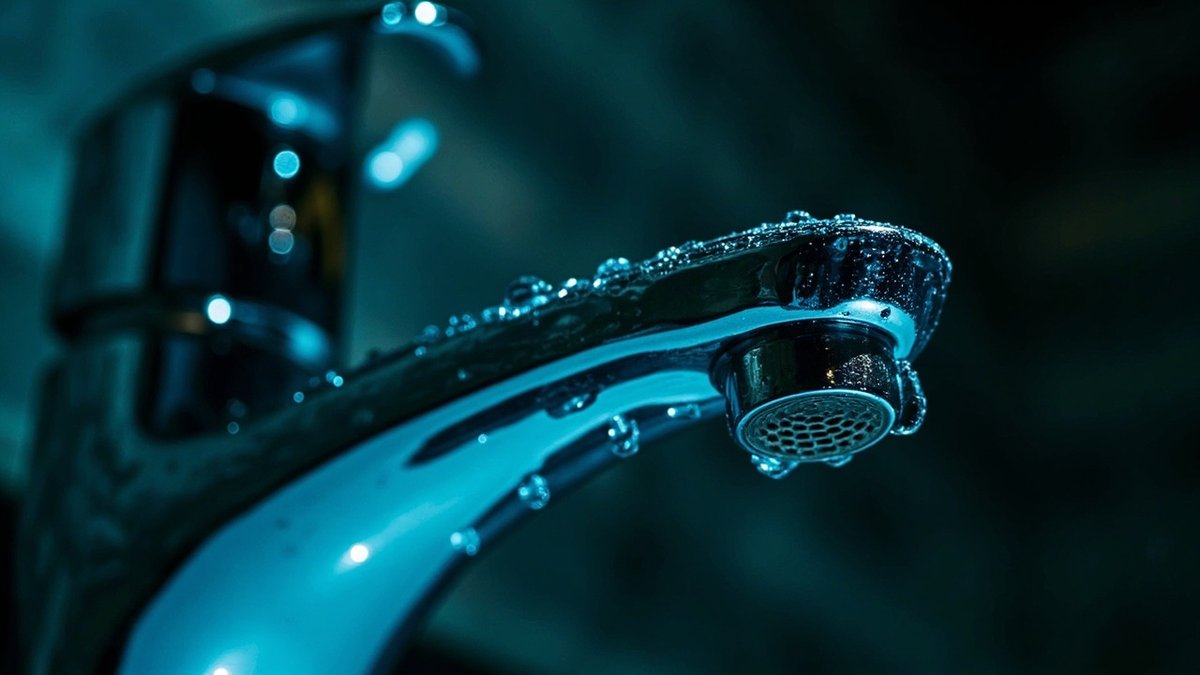 Pandangan dekat paip shower krom yang basah dalam bilik air gelap, kelengkapan yang boleh membawa kebocoran arus