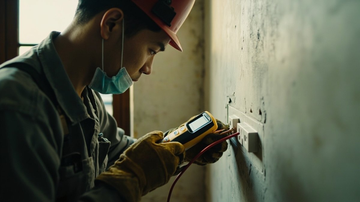 Electrician testing a wall socket with a multimeter during a safety inspection