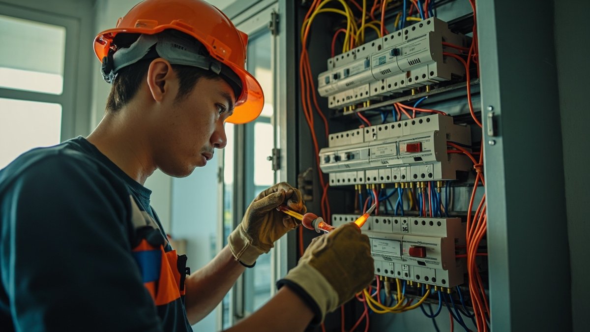 Registered electrician working on an open distribution board in a Malaysian home