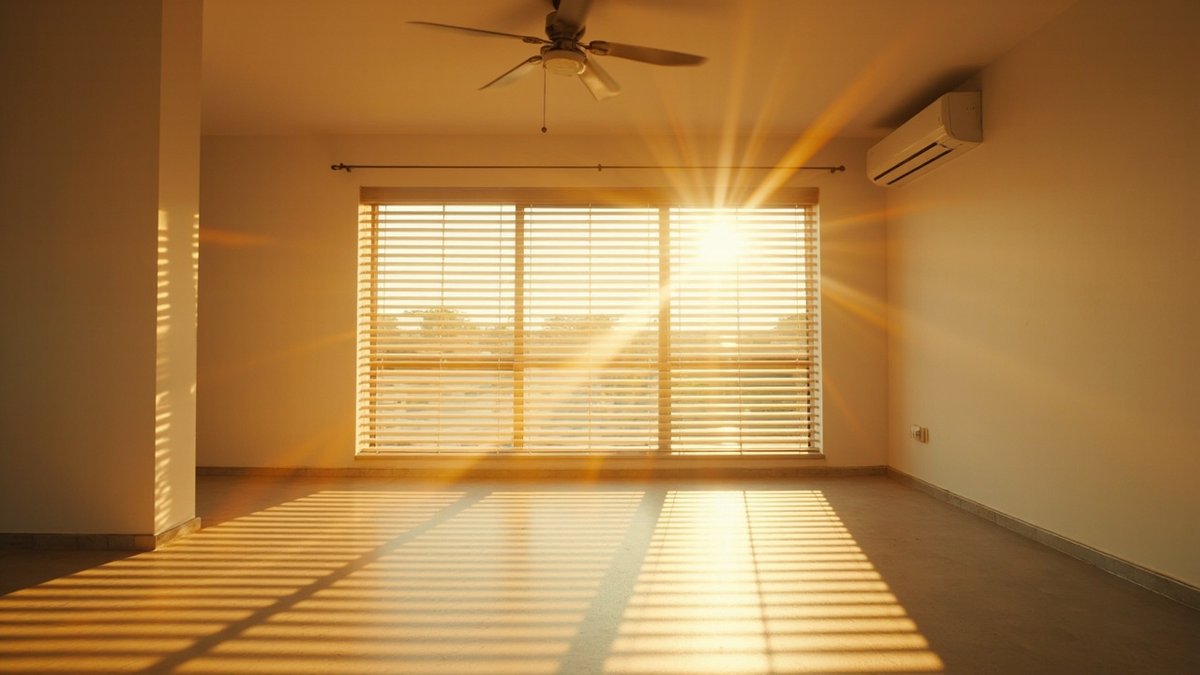 West-facing window with external sun louvres casting striped shadows into a renovated room with a ceiling fan