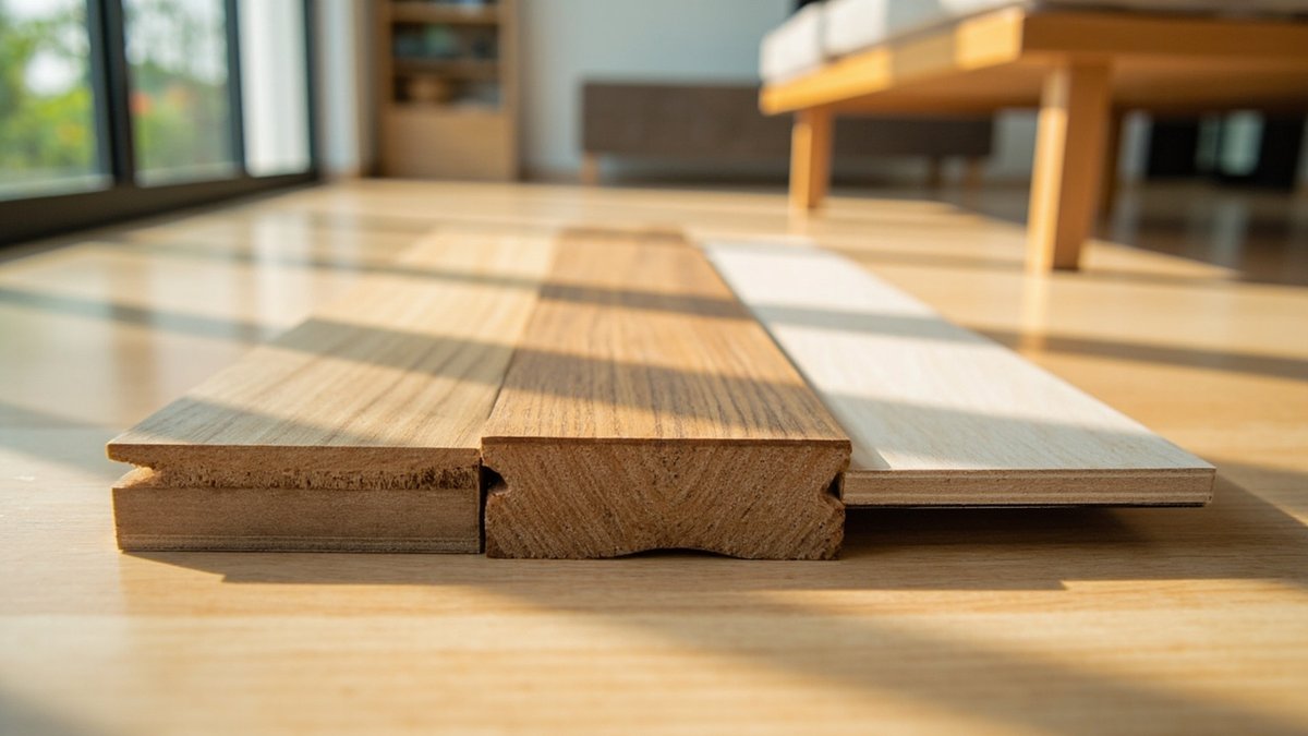 Engineered oak, solid timber and laminate flooring samples side by side