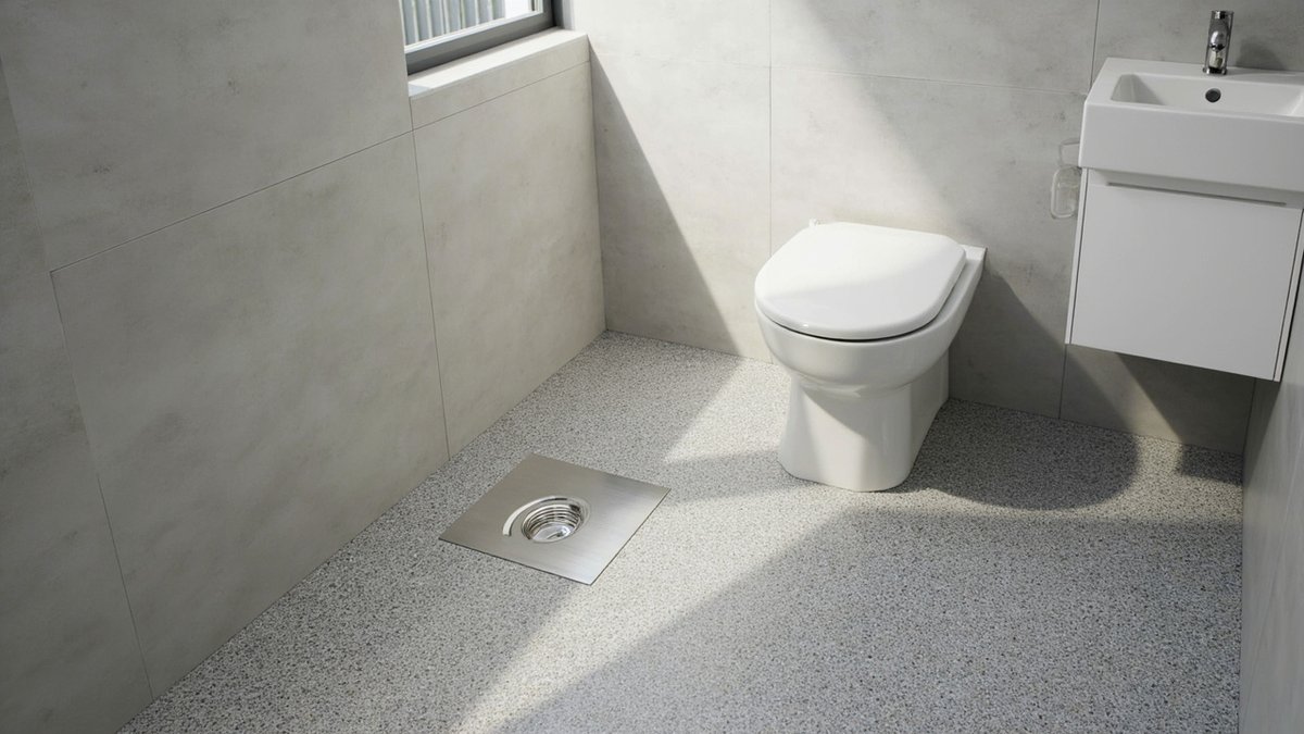 Small toilet with a grey speckled epoxy flake floor and a stainless floor trap