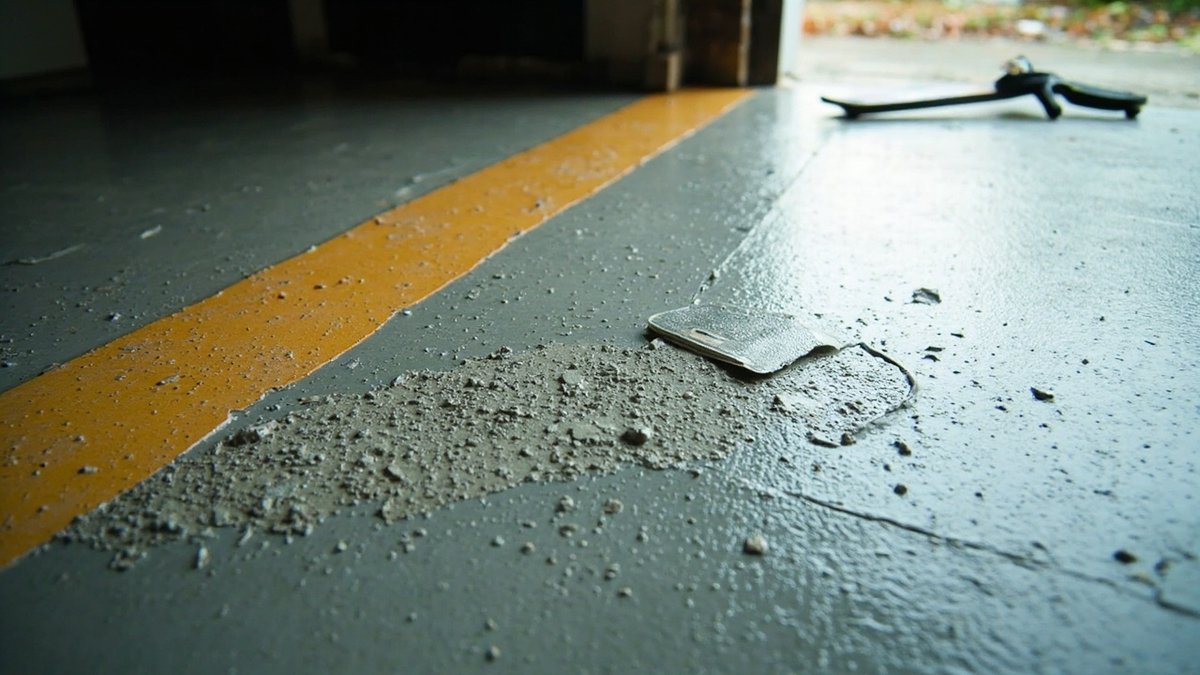 Grey epoxy floor peeling back to bare concrete with blisters and a yellowed band near the door