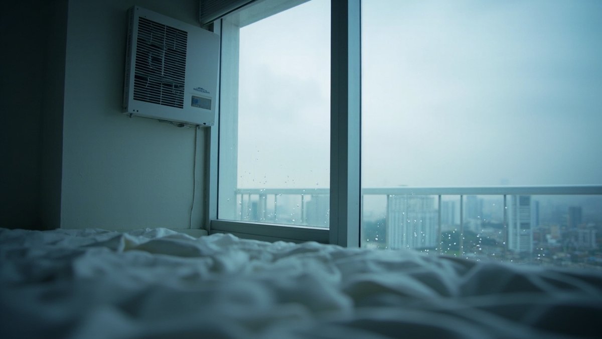 Wall-mounted fresh-air ventilator beside a closed condo bedroom window with condensation