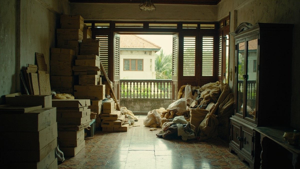 Old terrace house living room mid clear-out with labelled boxes and sorted items