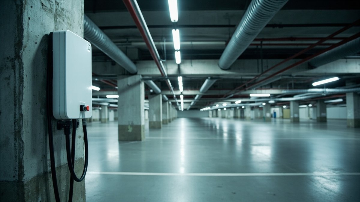 EV wall charger on a column beside a condo parking bay with cable trunking along the car park ceiling