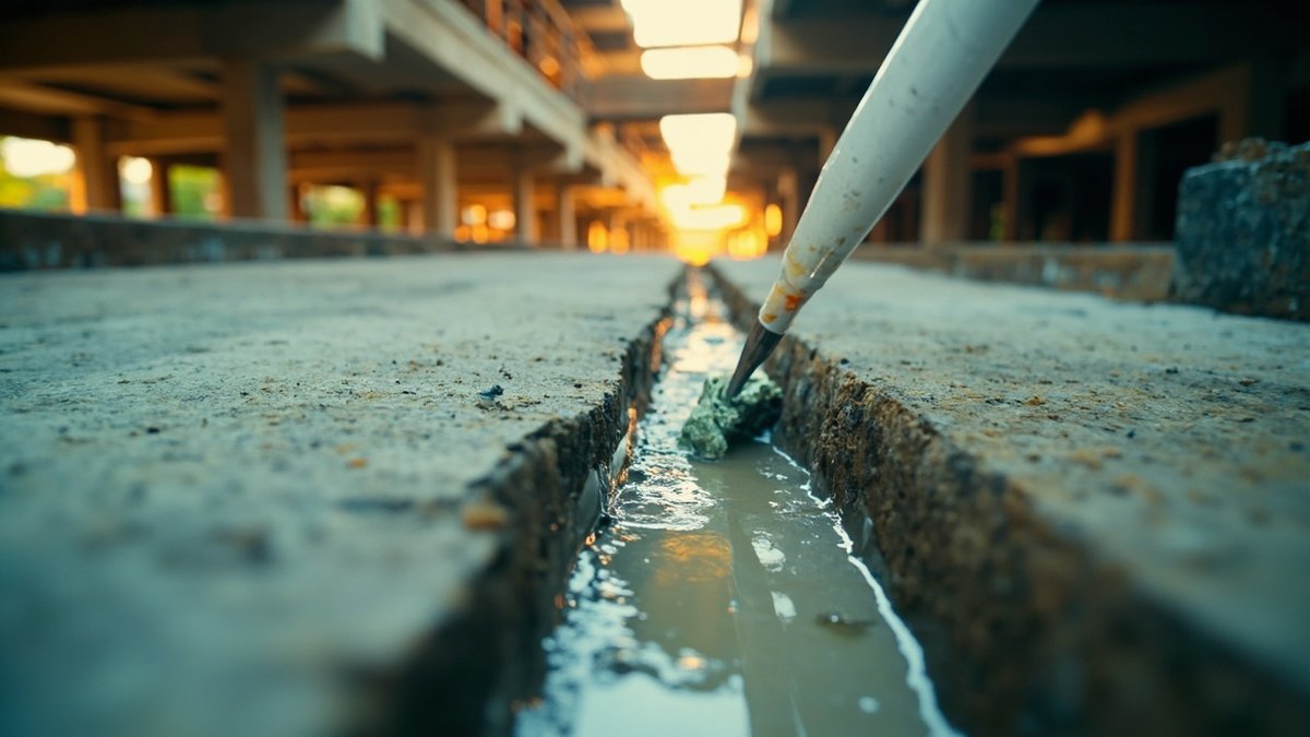 Expansion joint sealant being installed across a car park deck