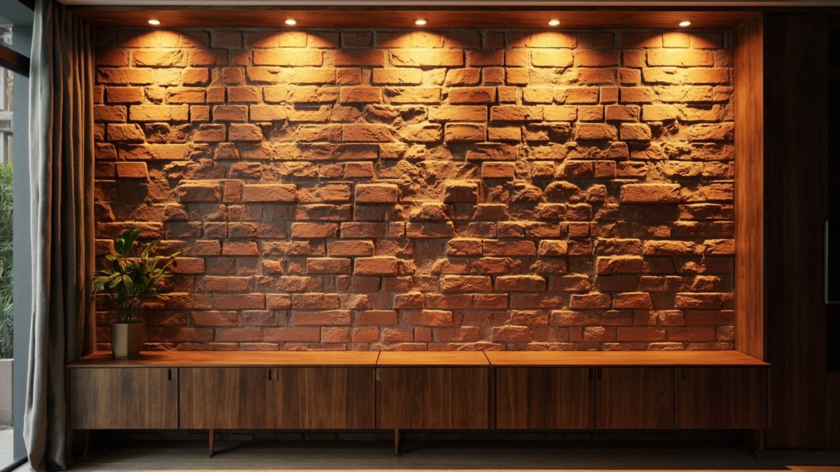 Feature wall brick slip merah dengan sambungan mortar kelabu diterangi downlight