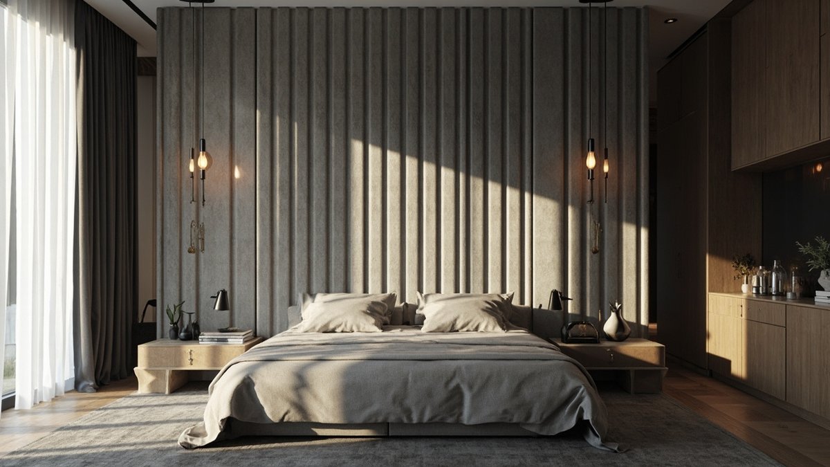Grey upholstered fabric panels forming a full headboard wall in a bedroom
