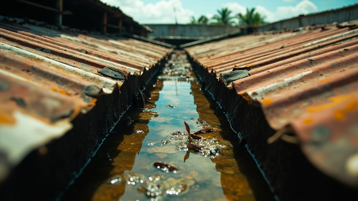 Box gutter between metal roof sheets on a Malaysian factory
