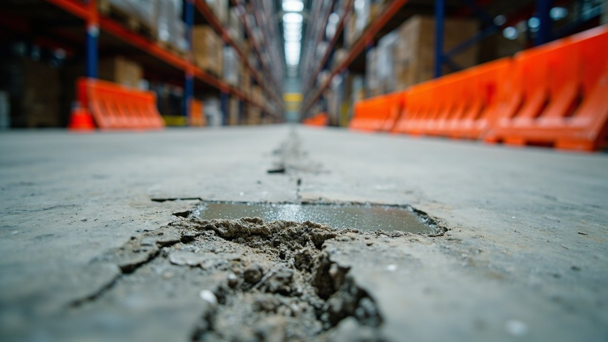 Broken joint edge and patch repair on a warehouse concrete floor behind barricades
