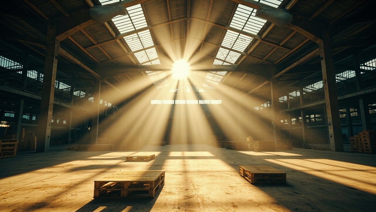 Malaysian factory warehouse interior with a large HVLS ceiling fan and roof ventilators under a metal roof