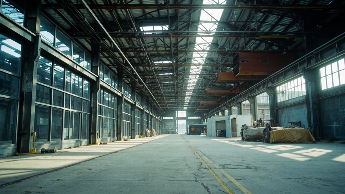 Factory shed under renovation with a new internal office block and covered machinery