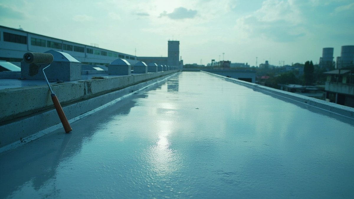 Factory rooftop coated in reflective waterproofing membrane beside box gutters and skylights