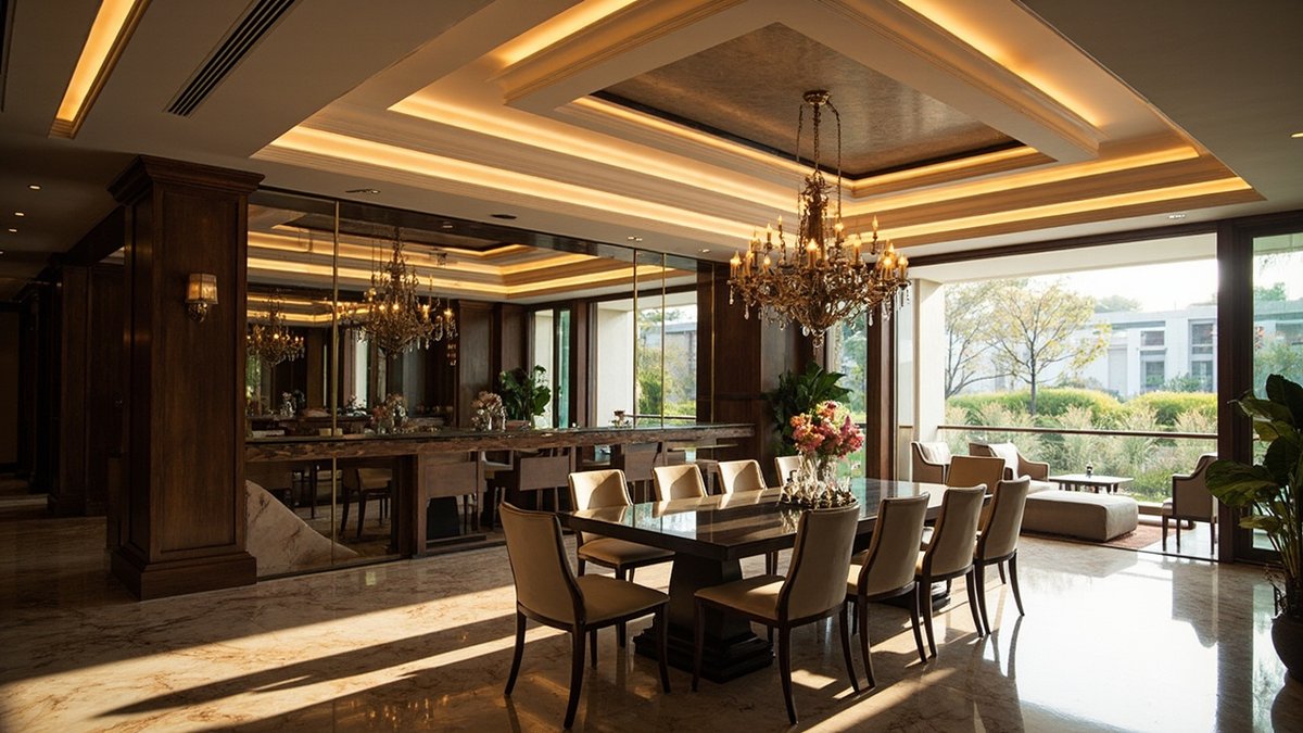 Coffered multi-level false ceiling with cove lighting and chandelier