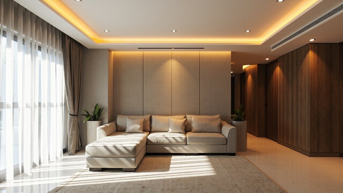 Gypsum board false ceiling with a cove step-down profile and hidden LED lighting