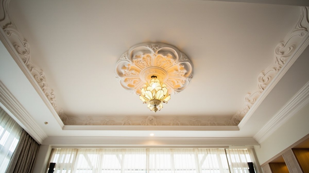 Ornate Plaster of Paris false ceiling with moulded rosette medallion
