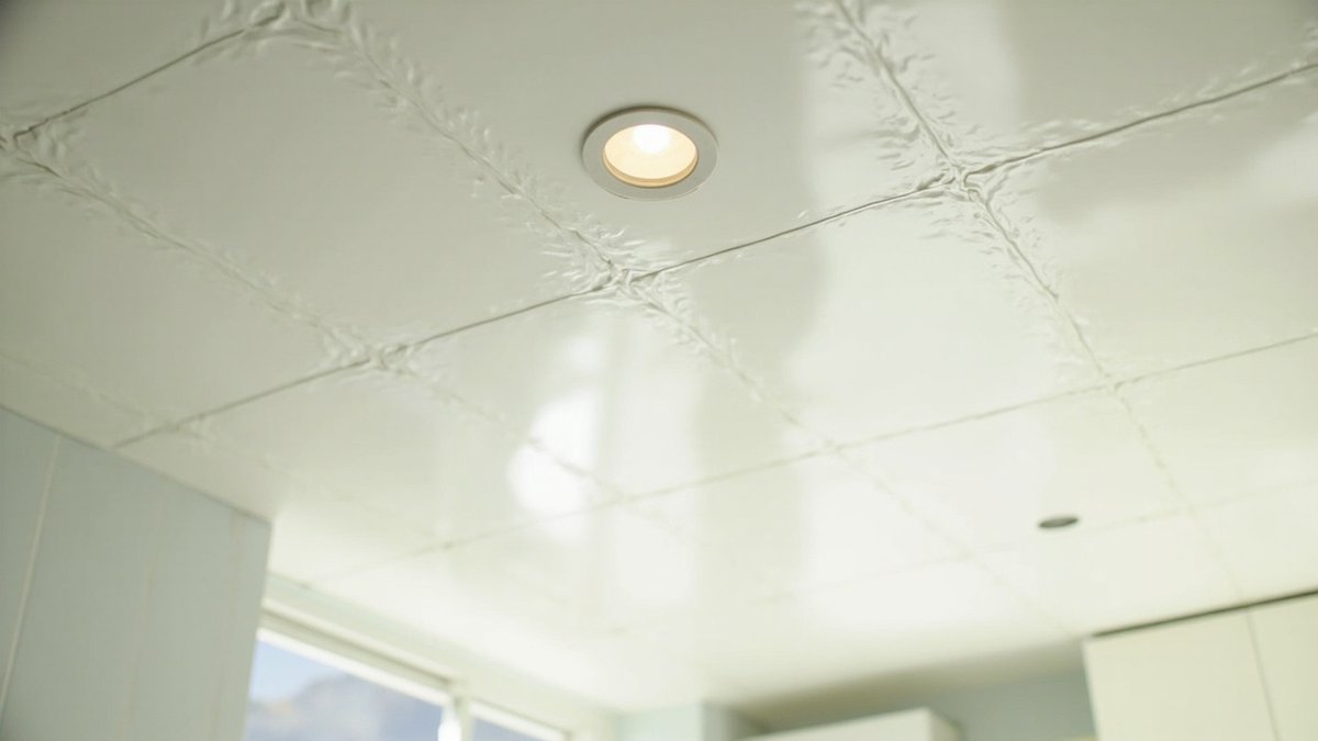 PVC panel false ceiling with visible interlocking panel seams