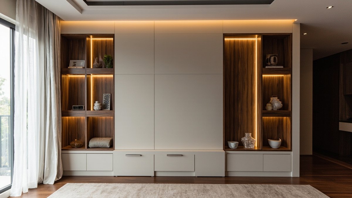 False wall with recessed display niches and floating shelves