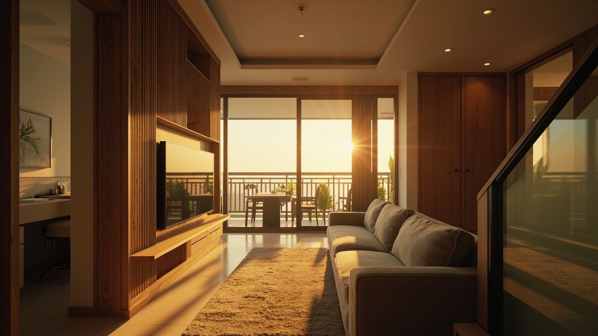 Upstairs family hall with a TV wall, study desk by the window and bedroom doors around the landing