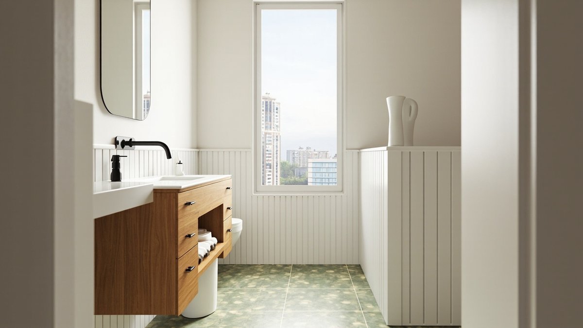 Ilustrasi konsep reka bentuk: bilik air farmhouse dengan jubin lantai sage berbintik, panel beadboard putih dan vanity kayu