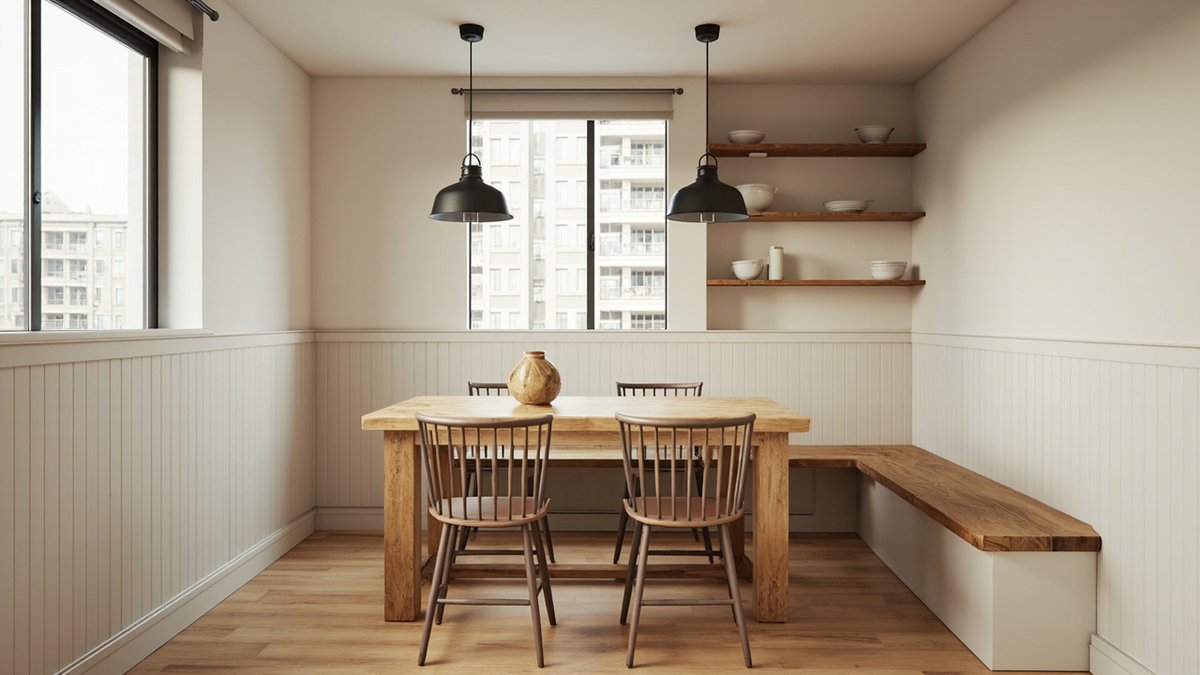 Ilustrasi konsep reka bentuk: ruang makan farmhouse dengan wainscoting beadboard, meja oak, kerusi berjeriji dan lampu gantung hitam