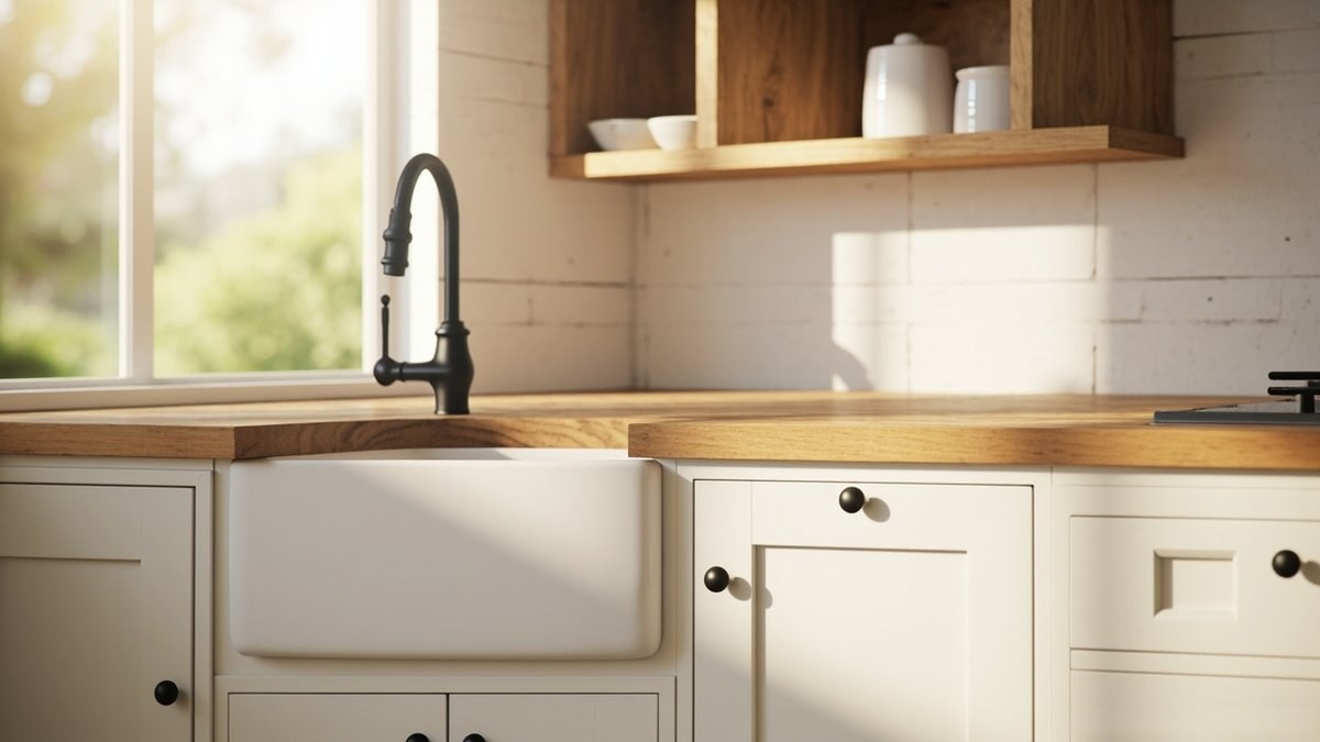 Ilustrasi konsep reka bentuk: dapur shaker putih dengan sinki apron fireclay pada permukaan oak dan paip hitam