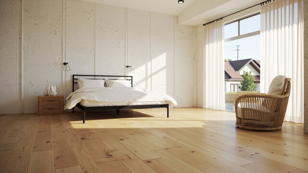 Ilustrasi konsep reka bentuk: bilik tidur utama rustik dengan lantai papan oak madu yang lebar, katil besi hitam dan kerusi rotan