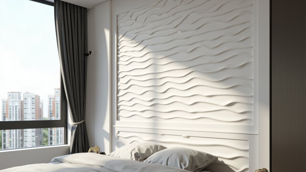 Illustrative concept design: white 3D wave relief panels on a bedroom wall lit from the side in a condo