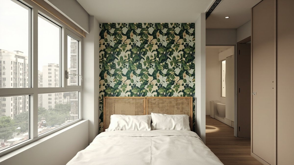 Illustrative concept design: green botanical leaf wallpaper on the wall behind a rattan bed in a condo bedroom