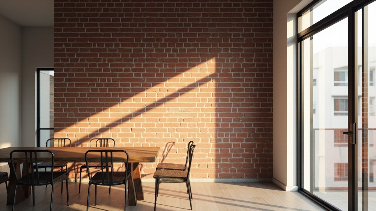 Illustrative concept design: red-orange brick cladding with pale joints on a dining wall behind a timber table