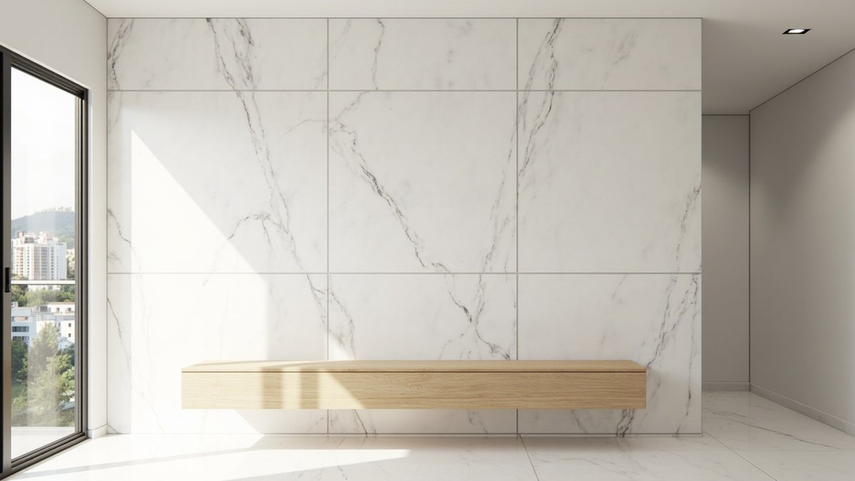 Illustrative concept design: white marble-look large porcelain tiles with grey veins on one wall above a floating oak bench