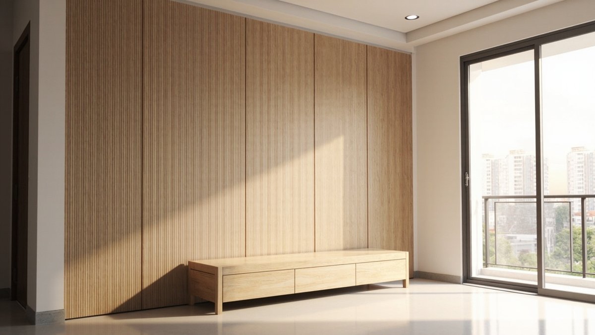 Illustrative concept design: full-height light oak fluted wall panels with fine vertical grooves in a condo living room