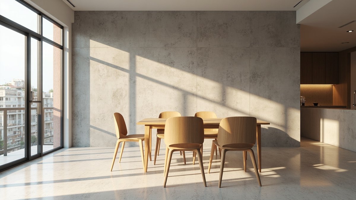 Illustrative concept design: mottled grey microcement-look plaster wall behind an oak dining table and chairs