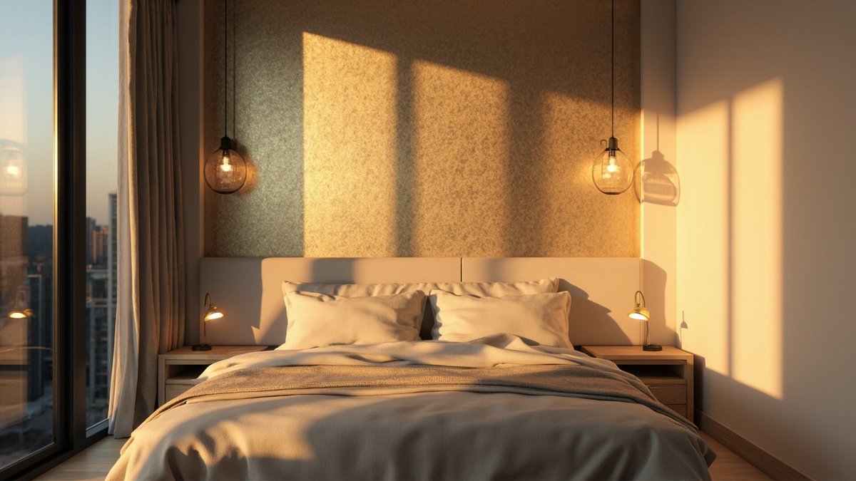Illustrative concept design: champagne-gold shimmering metallic paint wall above a padded headboard in a condo bedroom