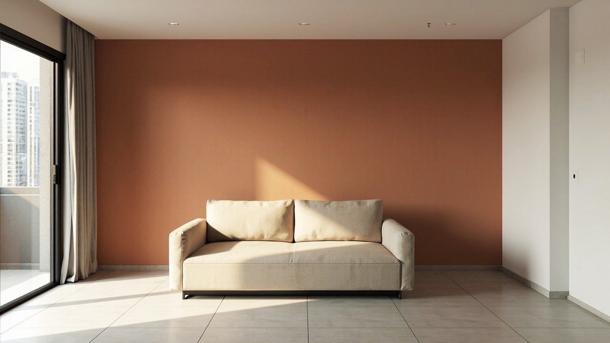 Illustrative concept design: condo living room accent wall in matt terracotta sand-texture paint behind a beige sofa