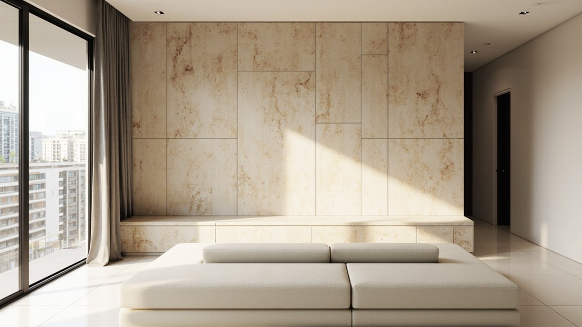 Illustrative concept design: travertine-pattern sintered stone slab wall behind a modular sofa in a condo living room