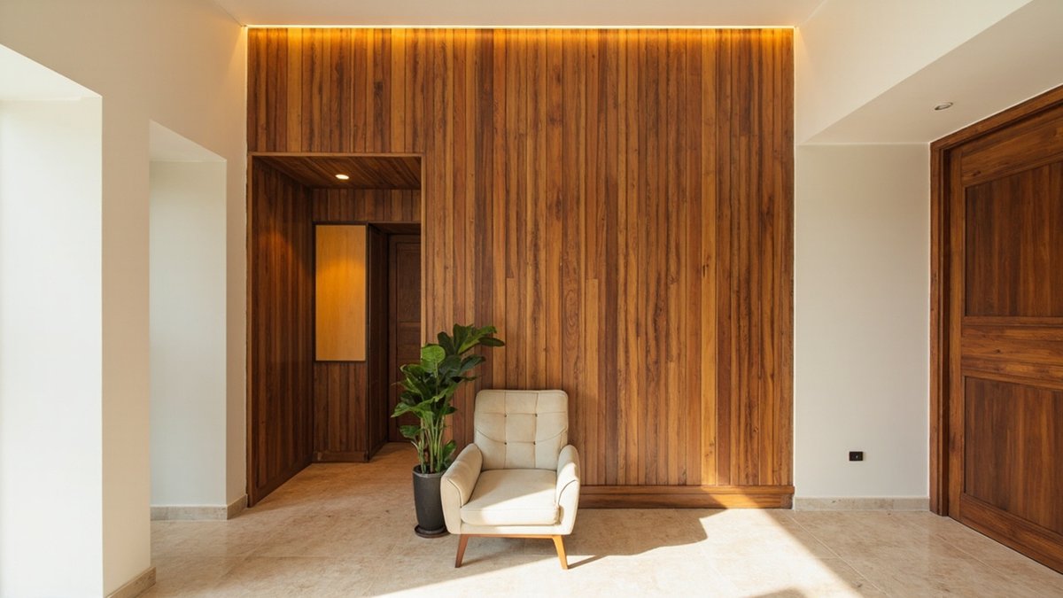 Illustrative concept design: tall wall of vertical oiled teak boards with a warm light wash in a bungalow entrance hall