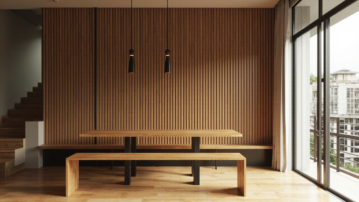 Illustrative concept design: floor-to-ceiling honey timber slat wall behind a timber dining table and benches beside a staircase