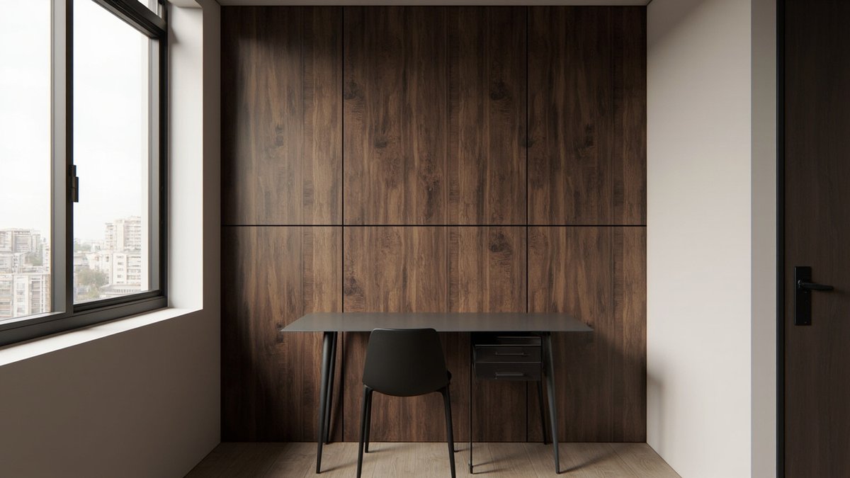 Illustrative concept design: dark walnut veneer panels in a grid with shadow-gap joints behind a black desk in a condo study