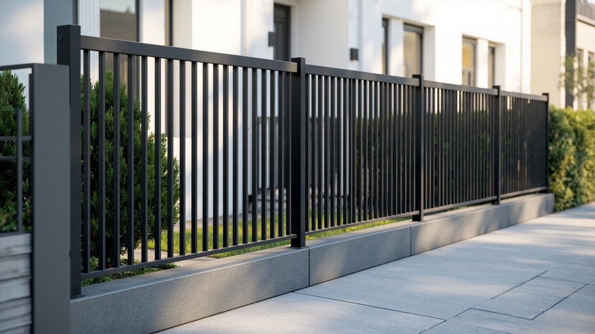 Illustrative concept design: black vertical flat-bar steel fence on a low grey plinth wall in front of terrace houses
