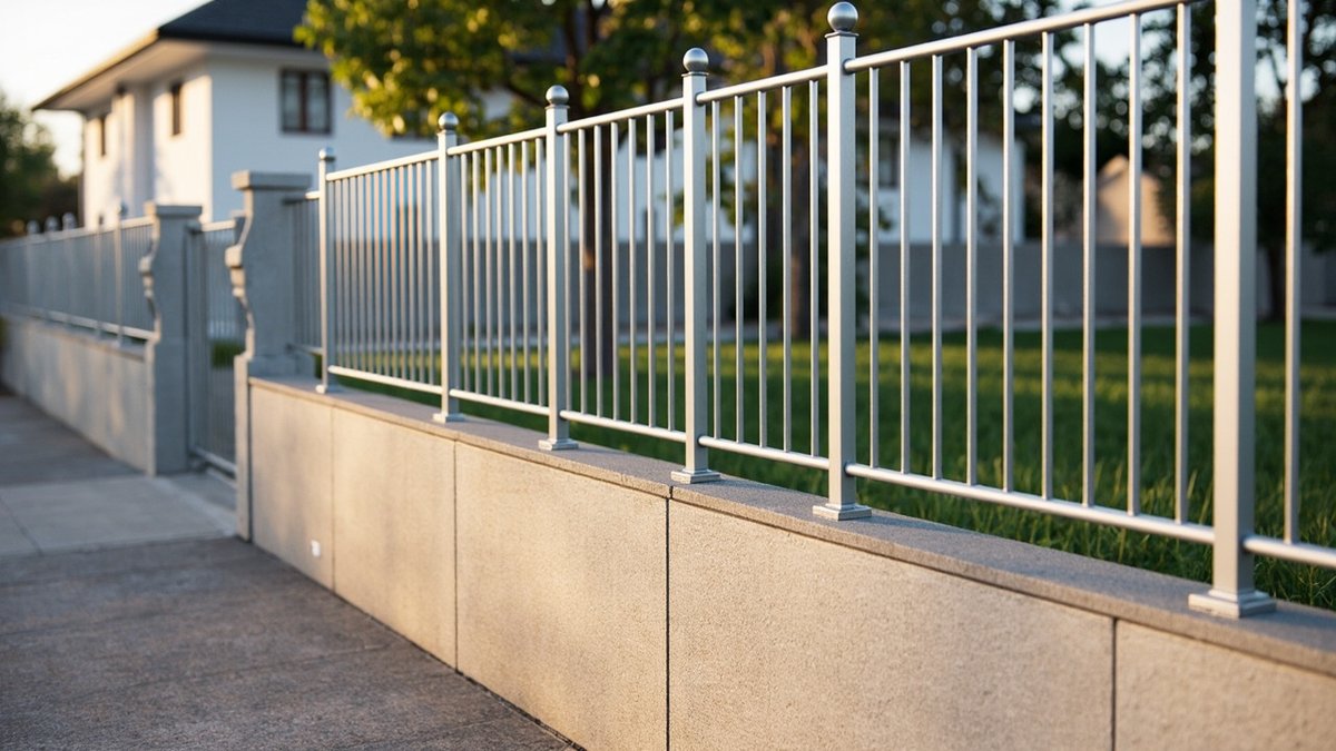 Illustrative concept design: brushed stainless steel vertical bar fence with ball-topped posts on a low grey plinth