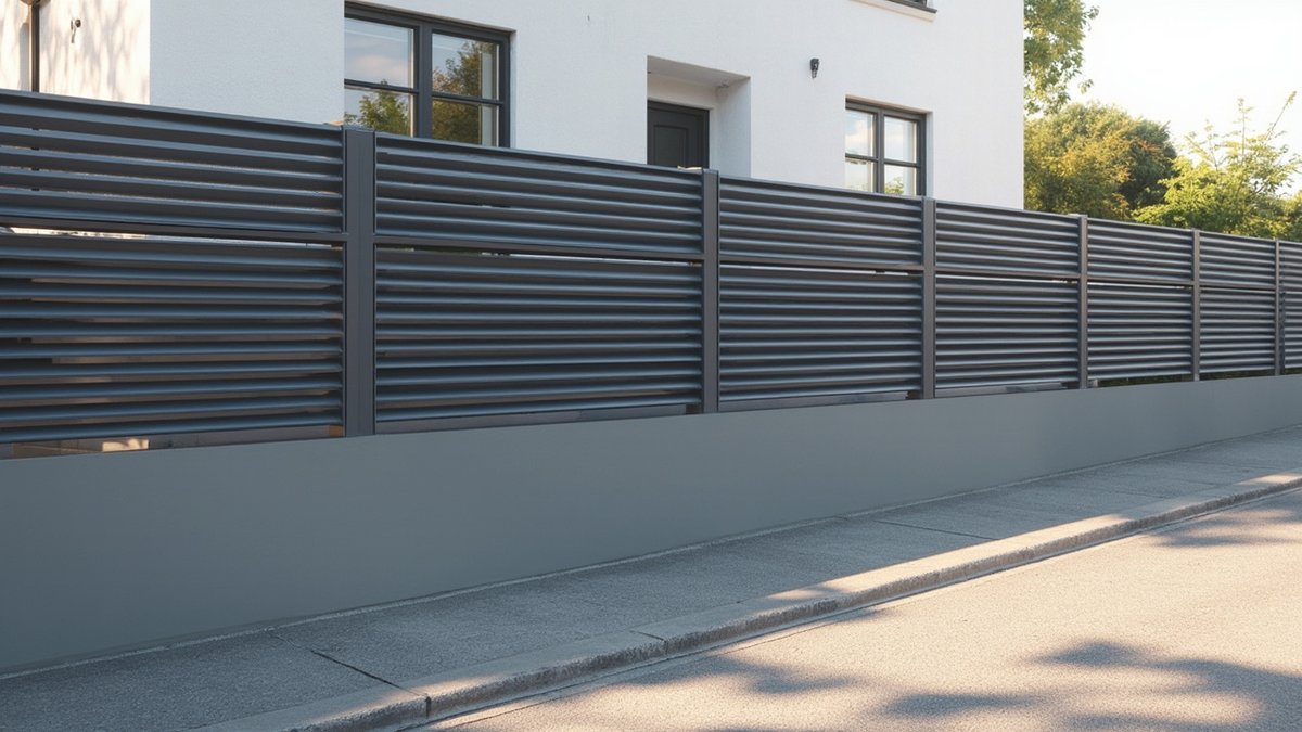 Illustrative concept design: long run of charcoal aluminium louvre panel fence above a grey plinth along a pavement