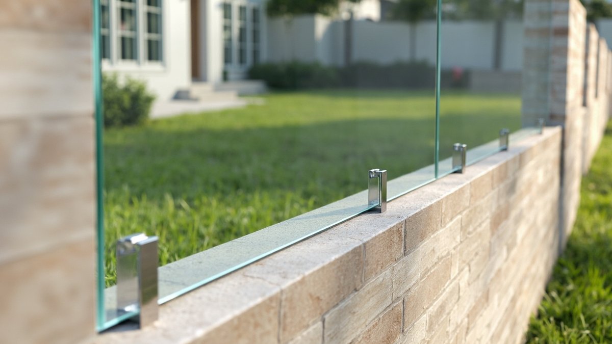Illustrative concept design: clear glass panel fence in stainless clamps on a low beige stone-look wall round a bungalow lawn