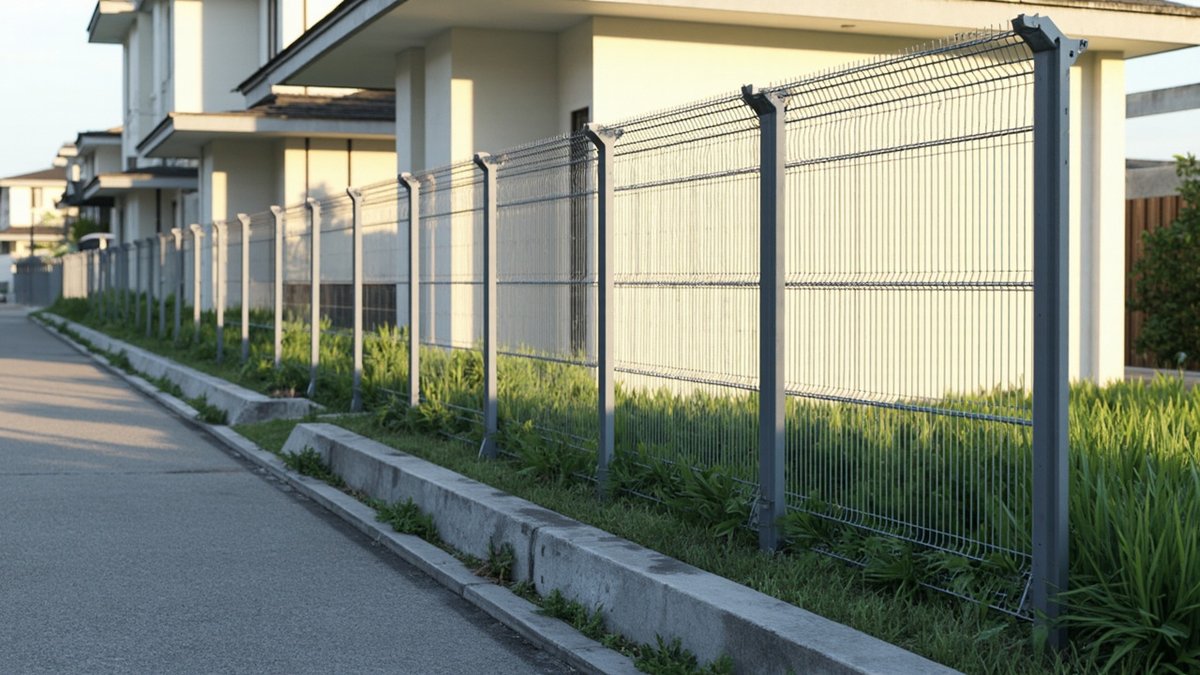 Illustrative concept design: galvanised BRC-type welded mesh fence on grey posts in a concrete kerb along a grass verge