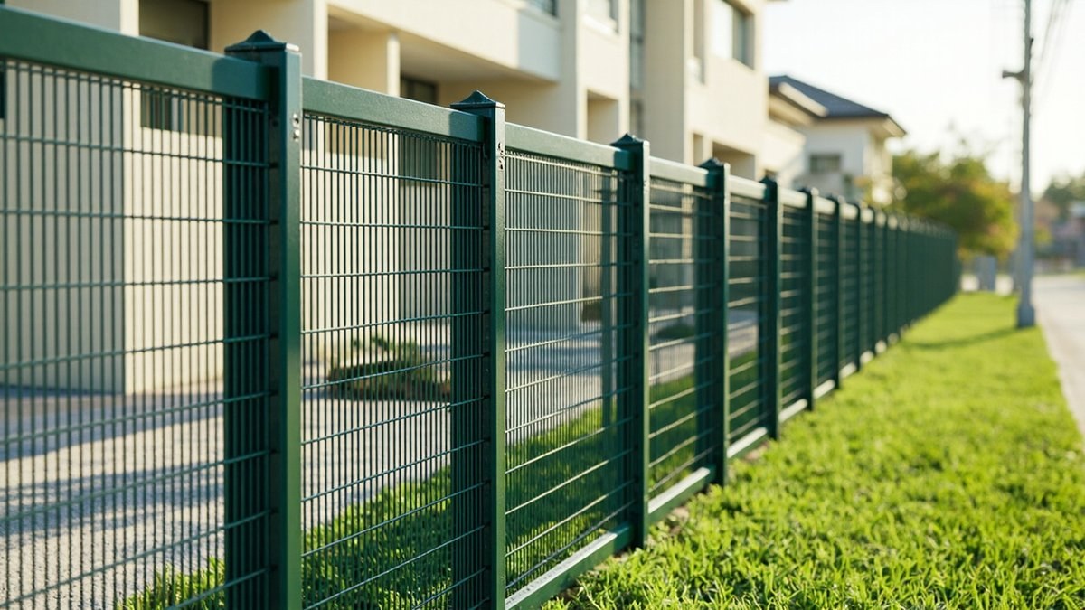 Illustrative concept design: dark green anti-climb fine mesh fence on capped posts beside a lawn strip