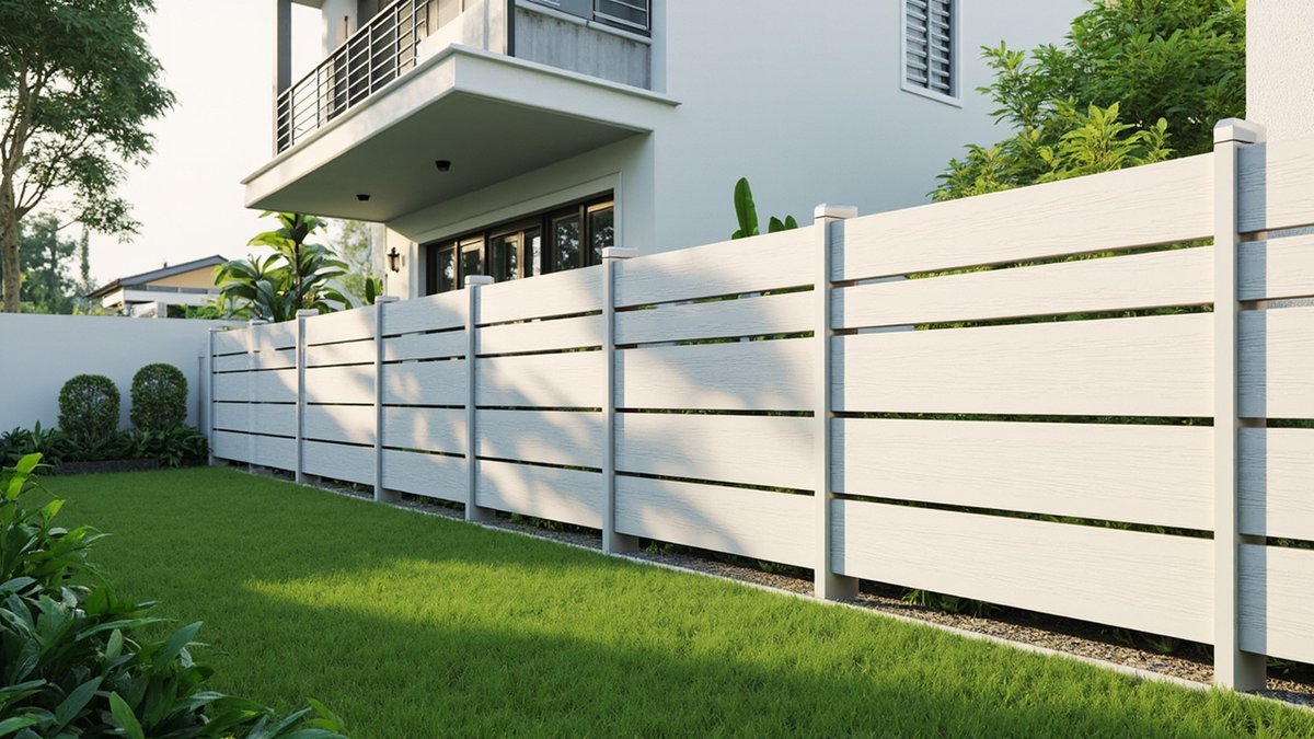 Illustrative concept design: light grey WPC composite board fence beside the lawn of a two-storey house