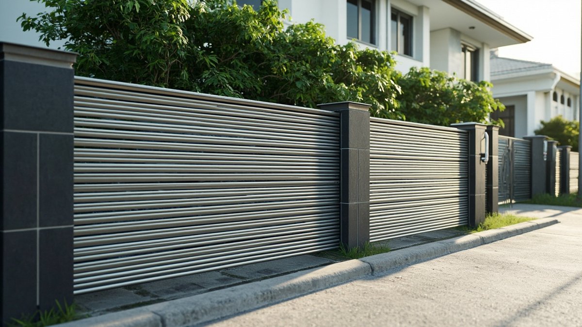 Illustrative concept design: closely spaced horizontal stainless steel tube fence between charcoal tiled piers