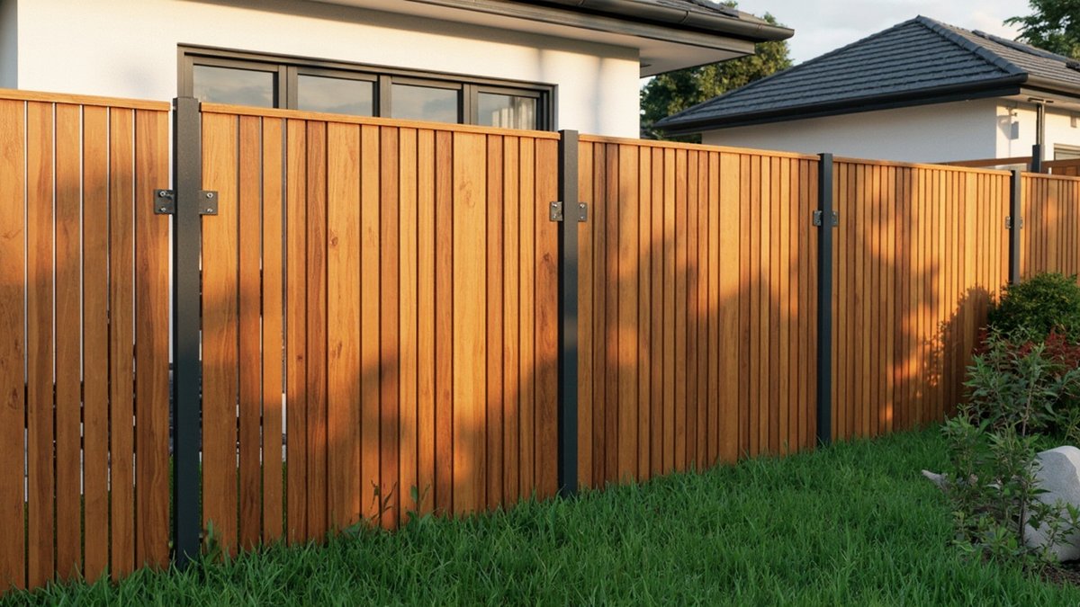 Illustrative concept design: tall vertical oiled hardwood board privacy fence on dark steel posts behind a lawn