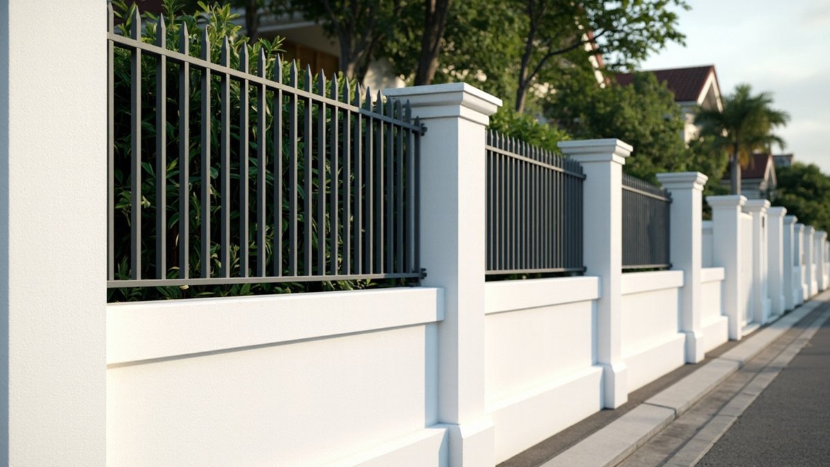 Illustrative concept design: white rendered pillars with dark grey vertical bar infill along a bungalow frontage